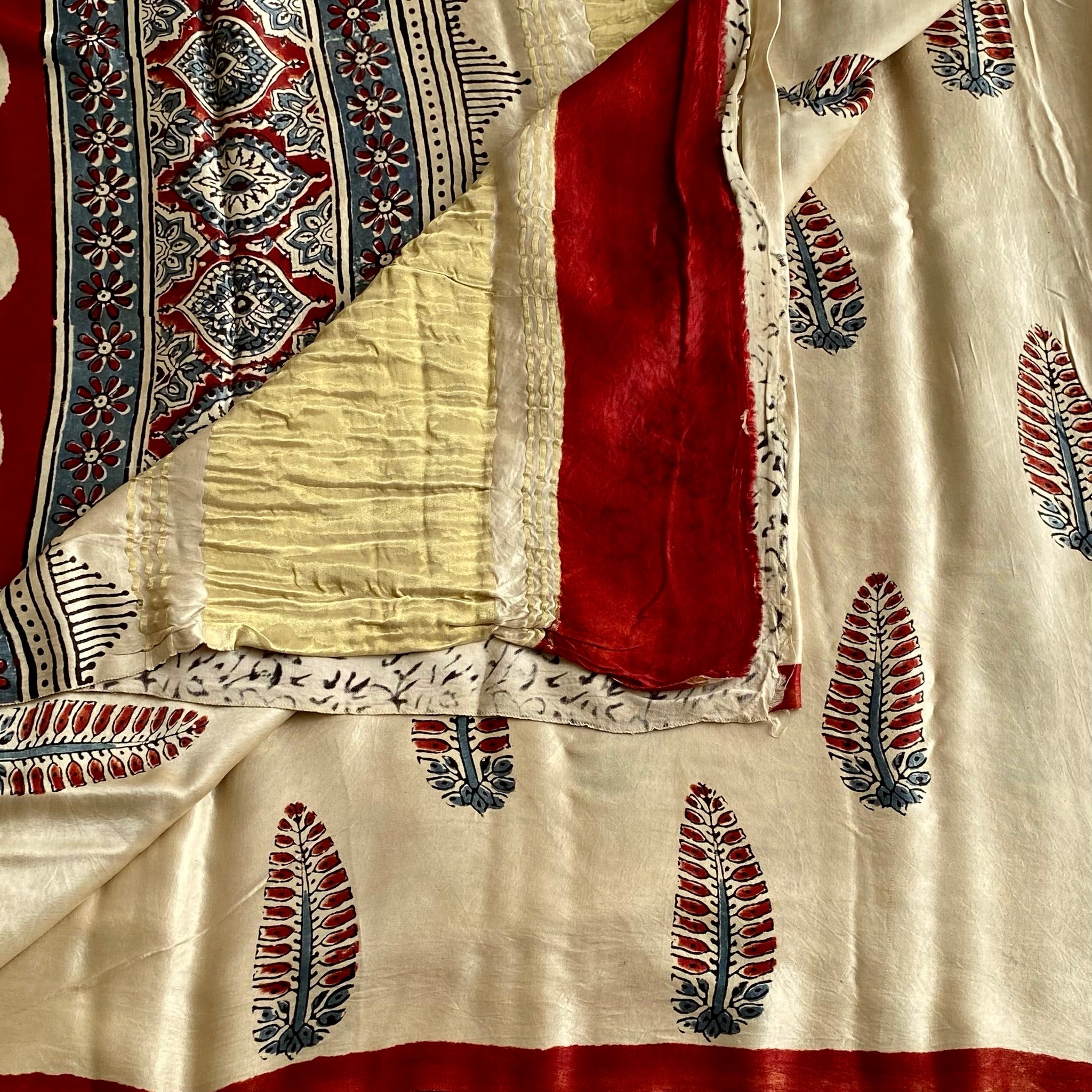 Champagne Beige Ajrakh Handblock Printed Silk Saree With Brick Red Border