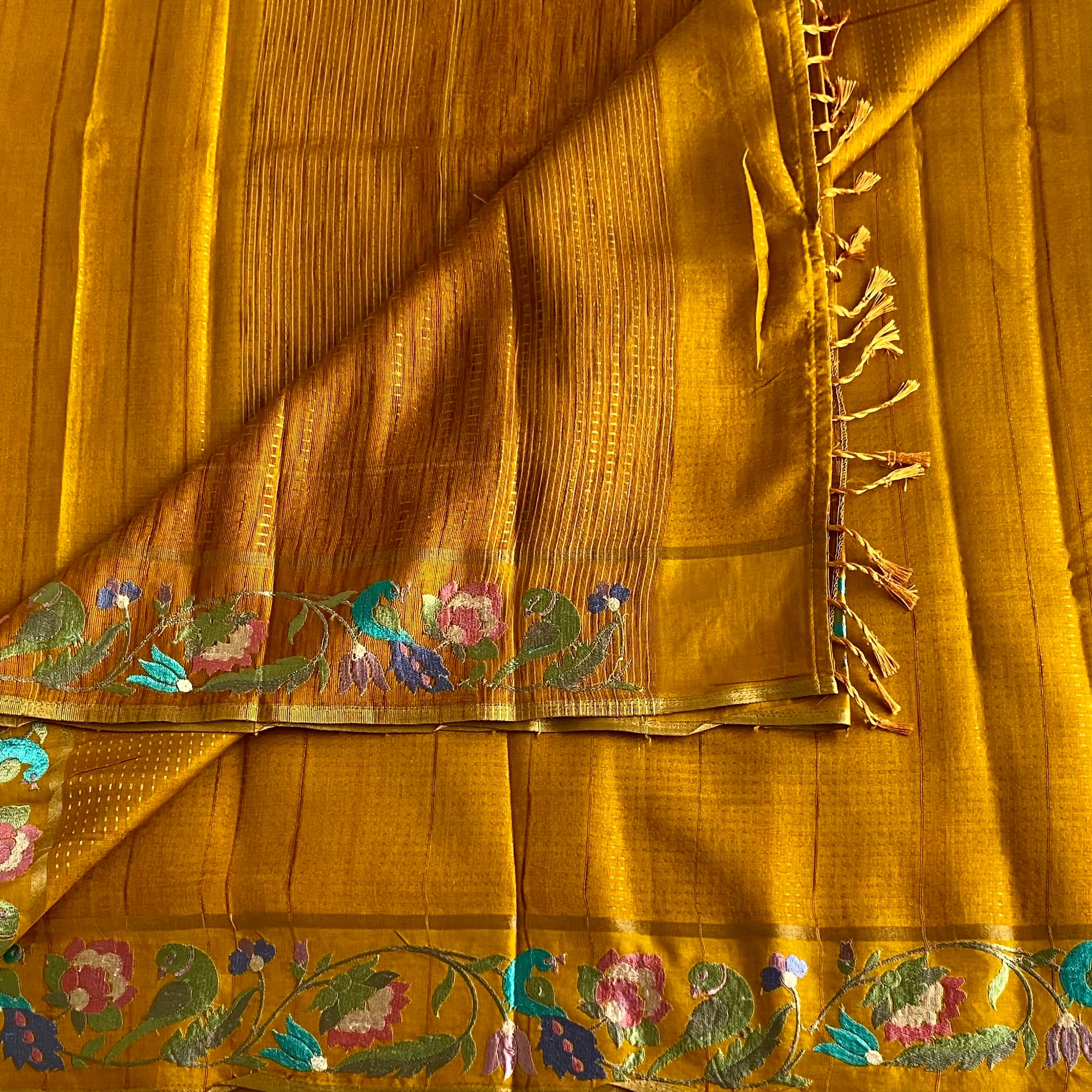 Golden Yellow Soft Tussar Silk With Designer Floral Embroidered Borders & Pallu