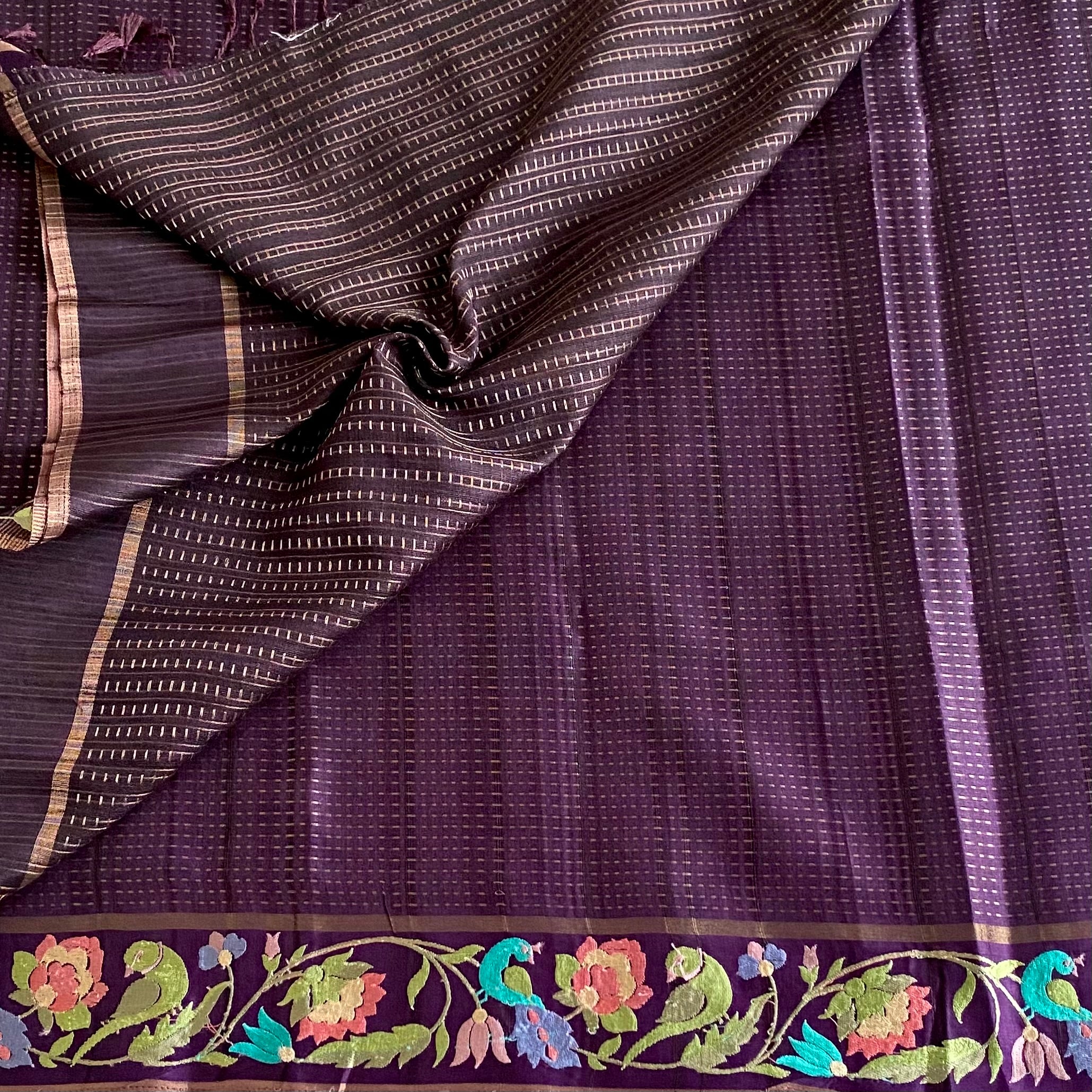 Plum Purple Tussar Silk With Designer Floral Embroidered Borders & Pallu