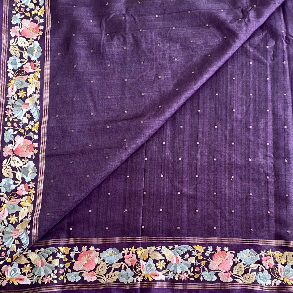 Deep Purple Soft Tussar Silk Saree With Embroidered Borders