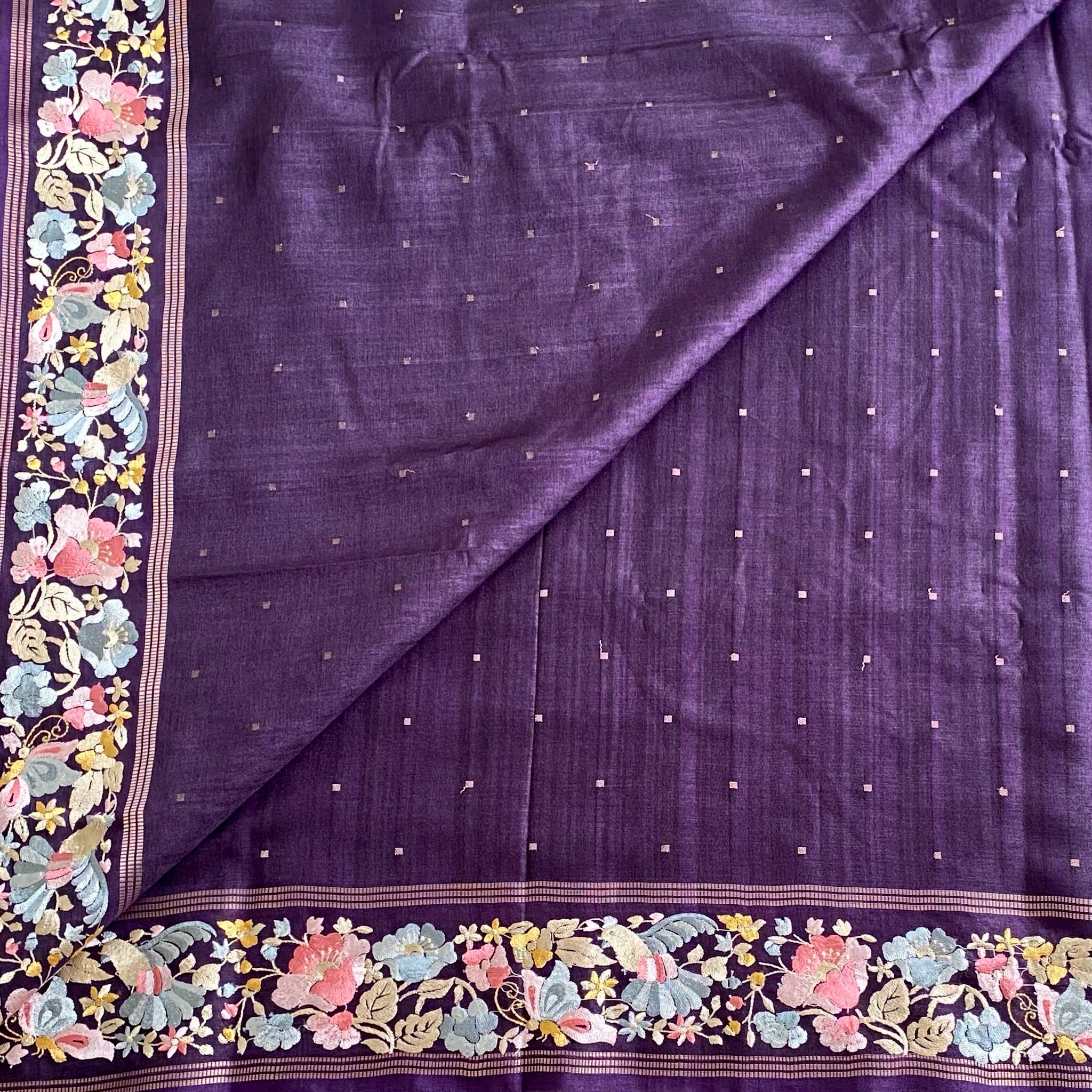 Deep Purple Soft Tussar Silk Saree With Embroidered Borders