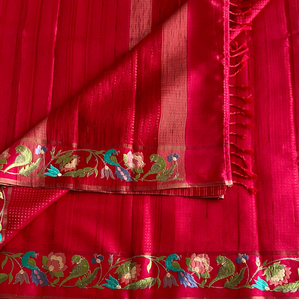 Rani Pink Soft Tussar Silk Saree With Teal Blue Border Embroidery