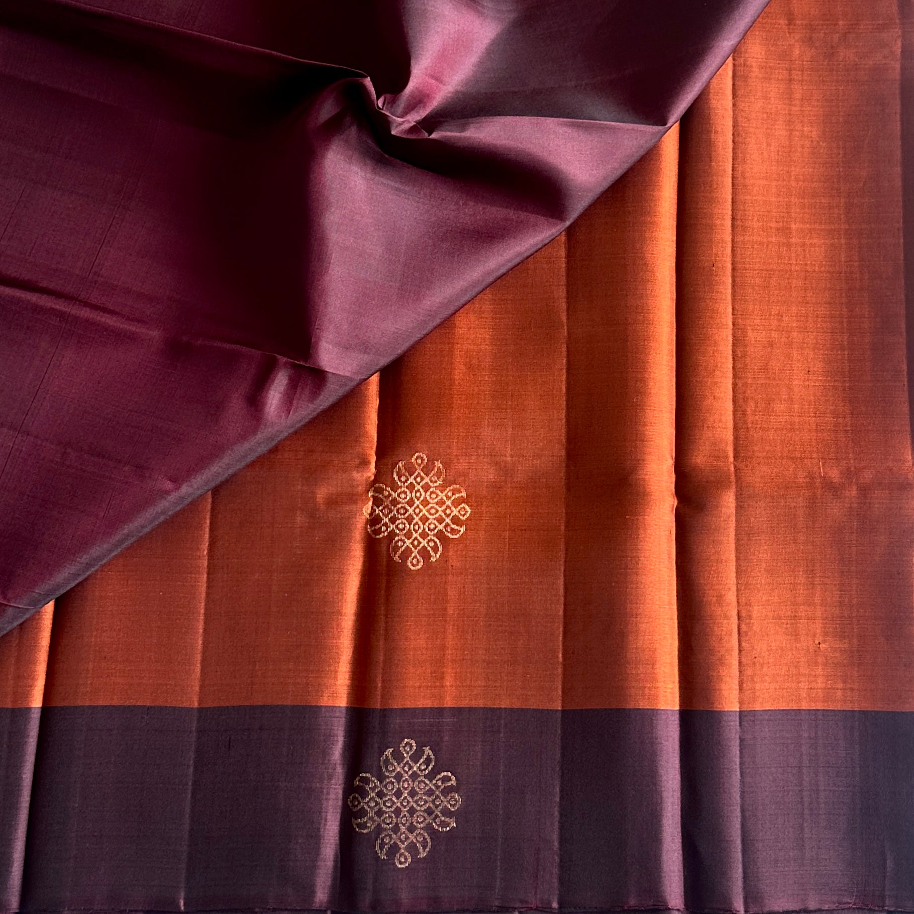 Burnt Orange Designer Pure Silk Saree With Deep Wine Pallu