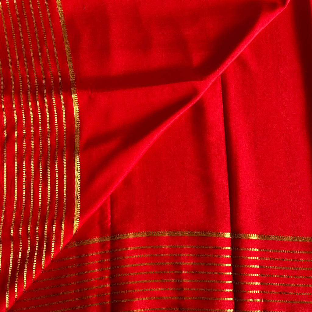 Crimson Red Mysore Crepe Silk with Gold Striped Zari Border Traditional Wear