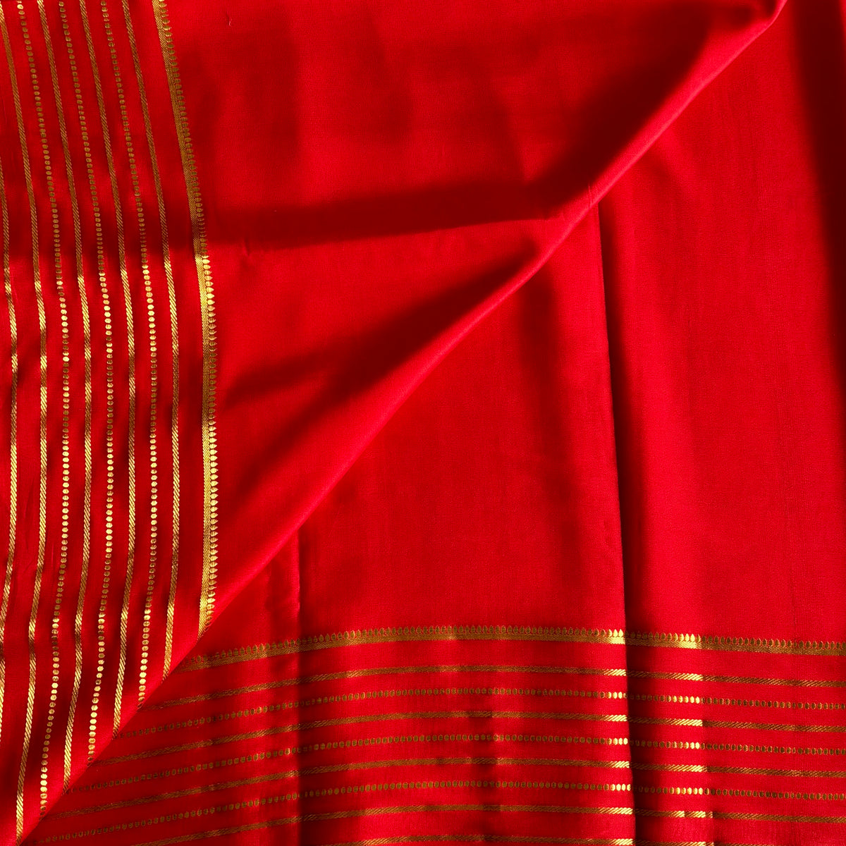 Crimson Red Mysore Crepe Silk with Gold Striped Zari Border Traditional Wear