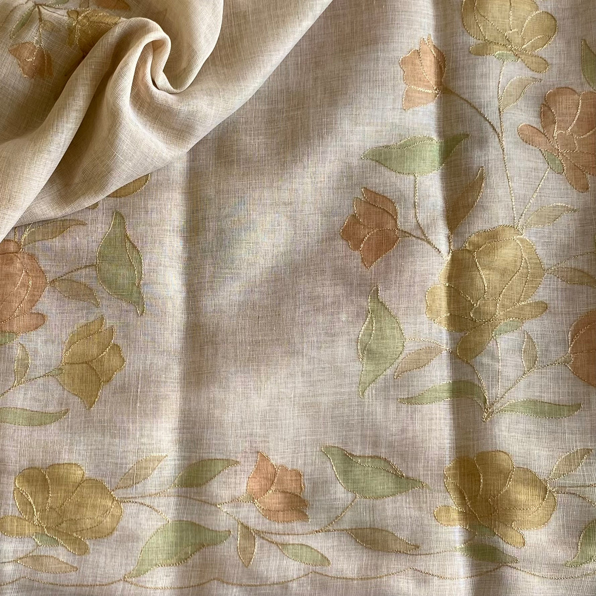 Light Beige Soft Tissue Linen Saree With Golden Yellow Accents