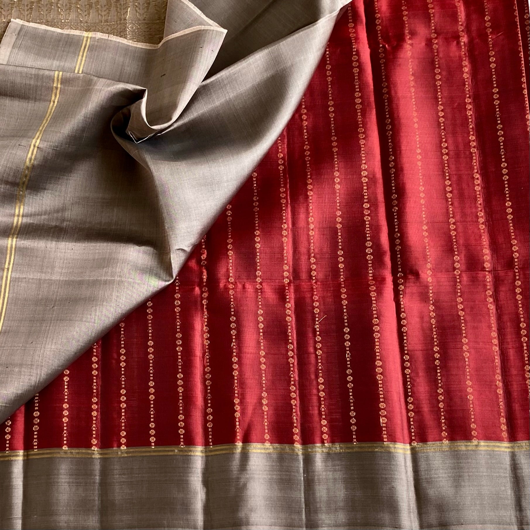 Deep Maroon Designer Pure Silk With Smokey Taupe Pallu