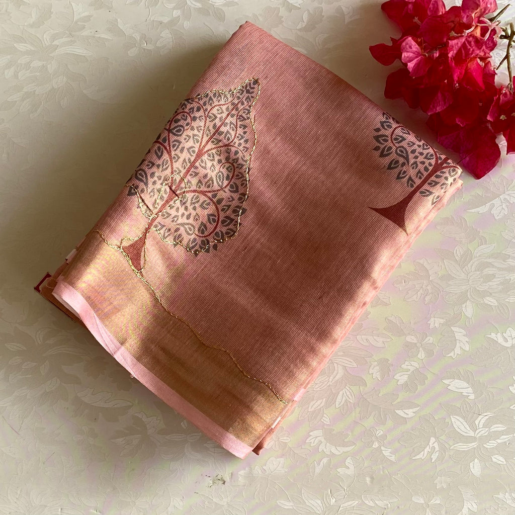 Dusty Rose Softest Tissue Tussar Silk Saree With Maroon Tree Motifs