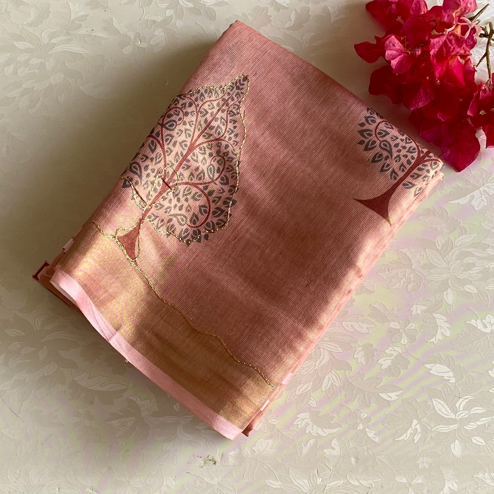 Dusty Rose Softest Tissue Tussar Silk Saree With Maroon Tree Motifs