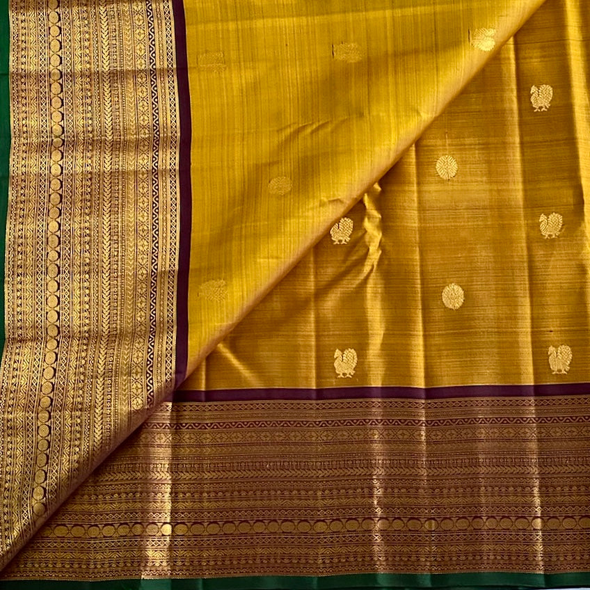 Mustard Yellow Kanjeevaram Pure Zari Silk Saree With Wine Brown Pallu
