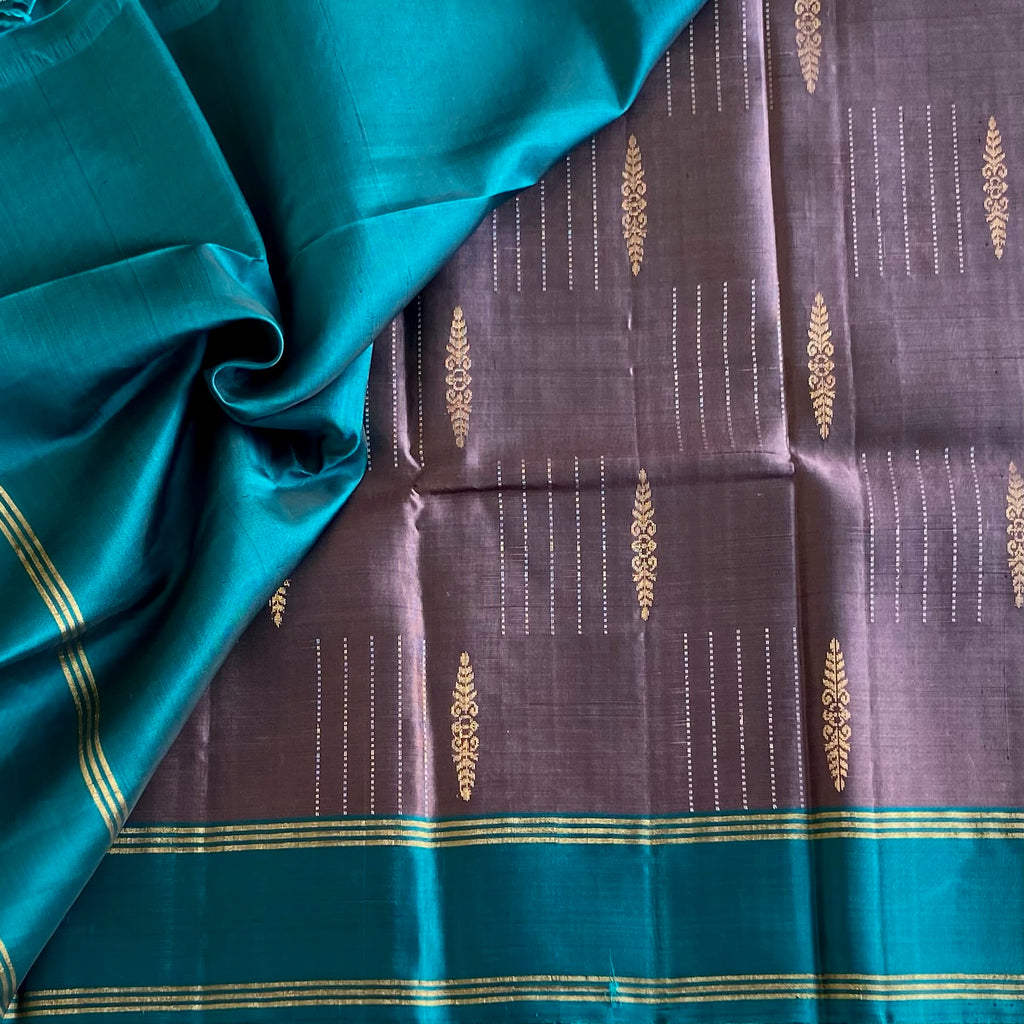 Greyish Mauve With Teal Designer Pure Silk Saree With Zari Pallu