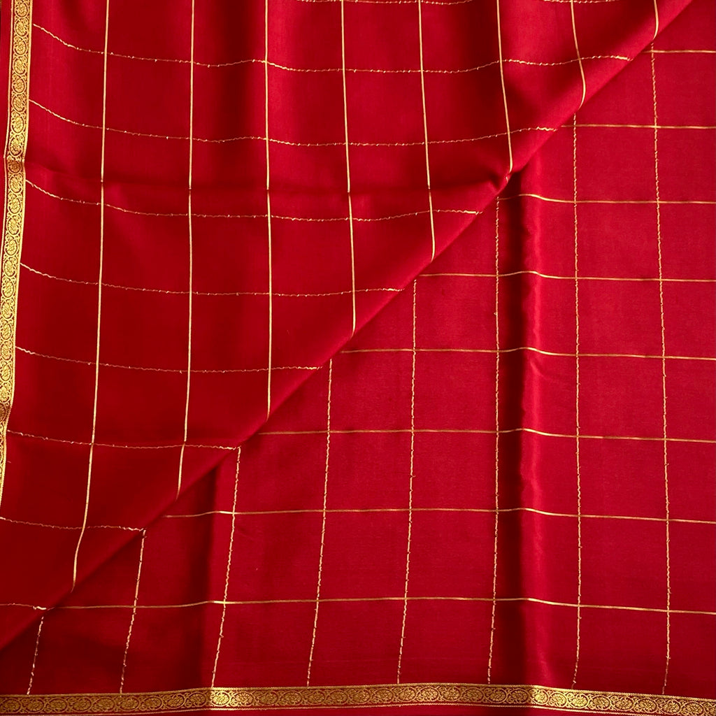 Maroonish Crimson Red Mysore Crepe Silk Saree With Gold Striped Pallu