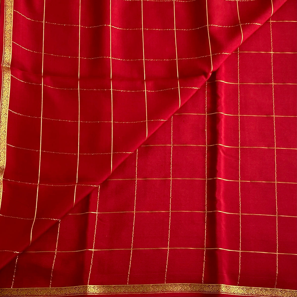 Maroonish Crimson Red Mysore Crepe Silk Saree With Gold Striped Pallu