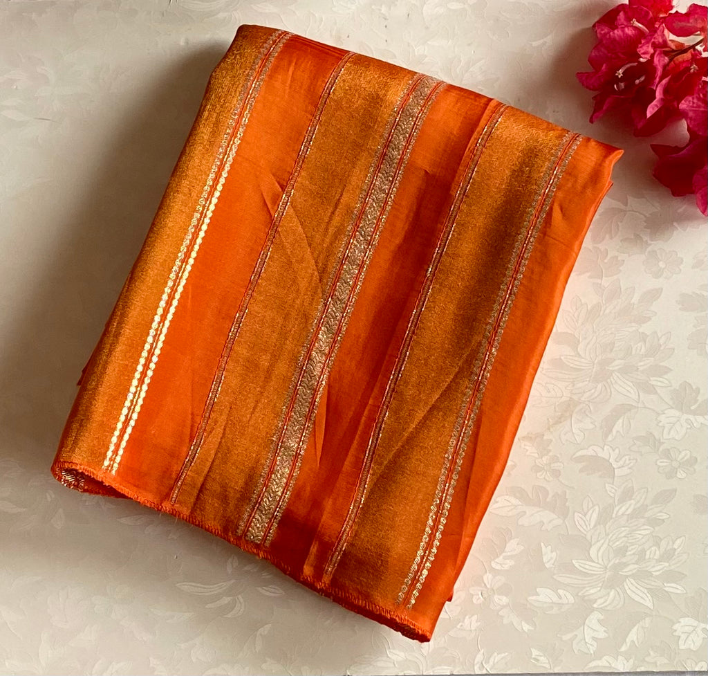 Burnt Orange soft blended Silk Saree Gold Buti Vertical Stripes designer drape Festive Traditional