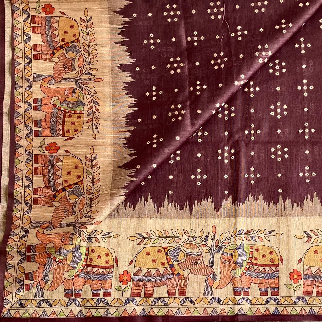 Trendy Brown Soft Tusaar Silk with Printed Designer Warli Borders & Pallu