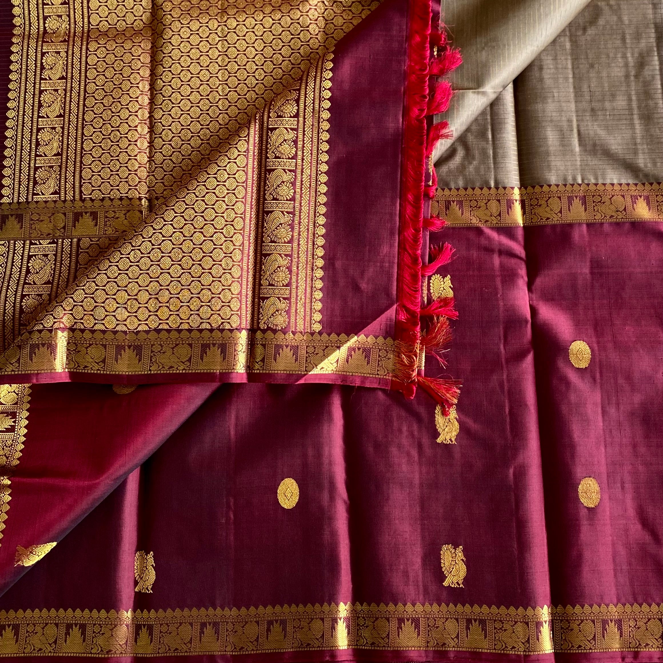 Ganga Jamuna Concept in Maroon, Grey & Bottle Green Pure Kanjeevaram Silk