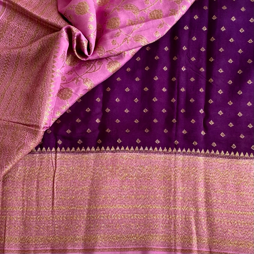 Stunner Deep Wine Purple with Rose Pink Banarasi Crepe Silk