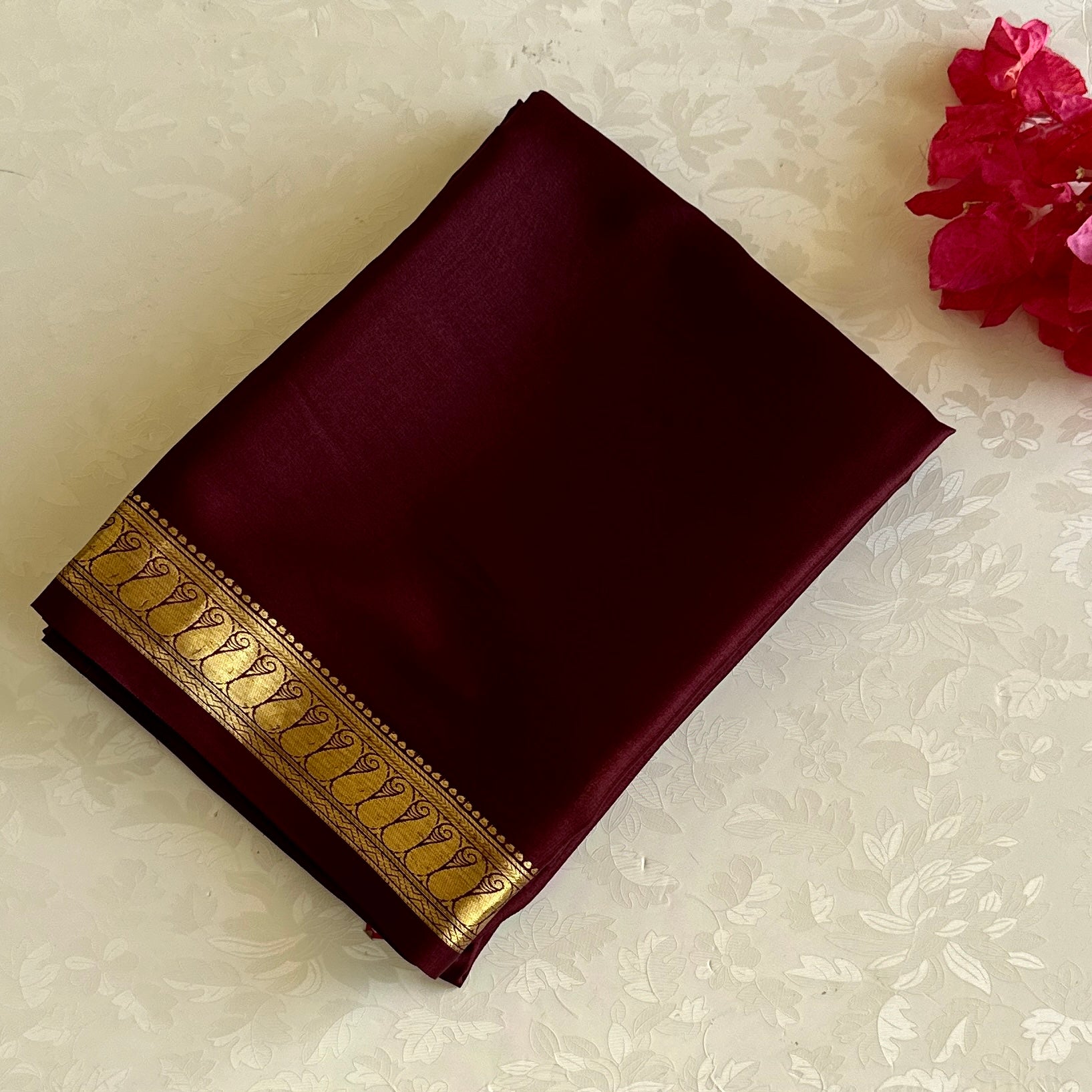 Espresso Wine Coffee Lightweight Mysore Crepe Silk with Mango Borders