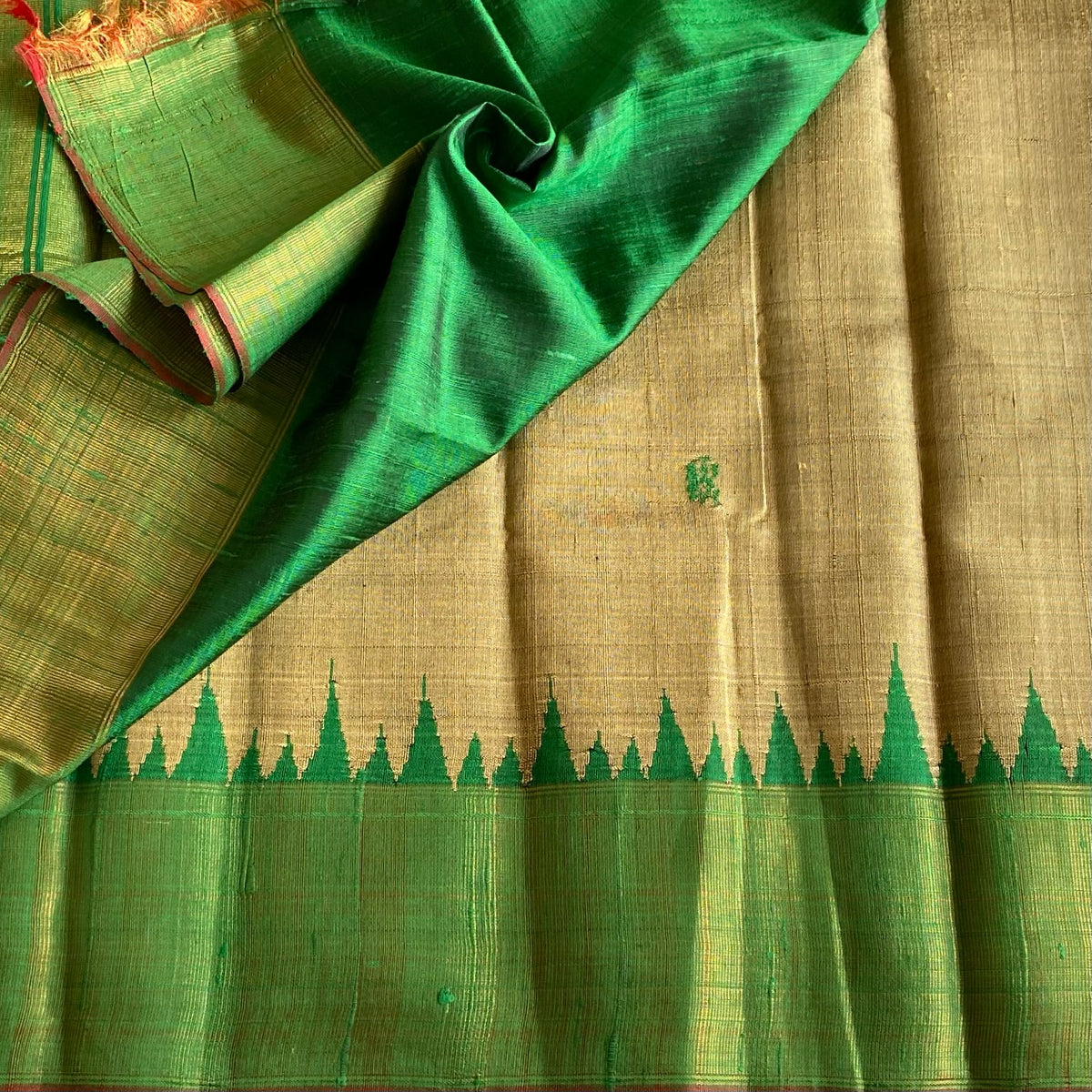 Stunner Antique Gold With Lustrous Green Handwoven Pure Raw Silk