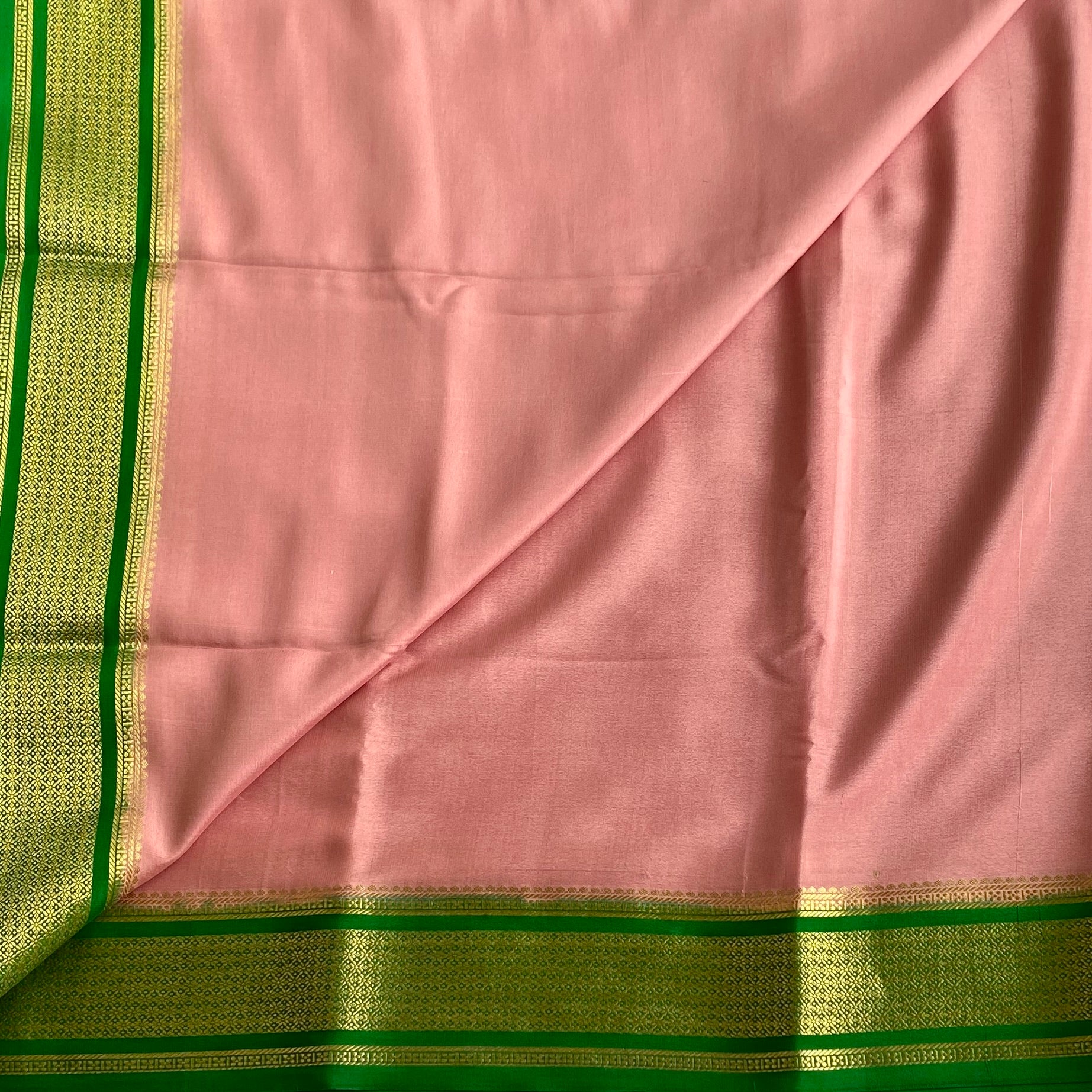 Vintage Dusty Rose with Leafy Green Designer Pure Mysore Crepe Silk