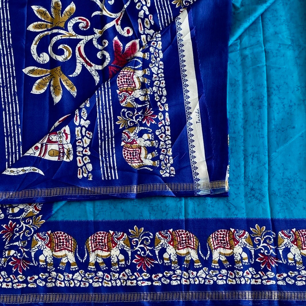 Stunner Sky Blue Elephant Borders with Royal Blue Soft Cotton