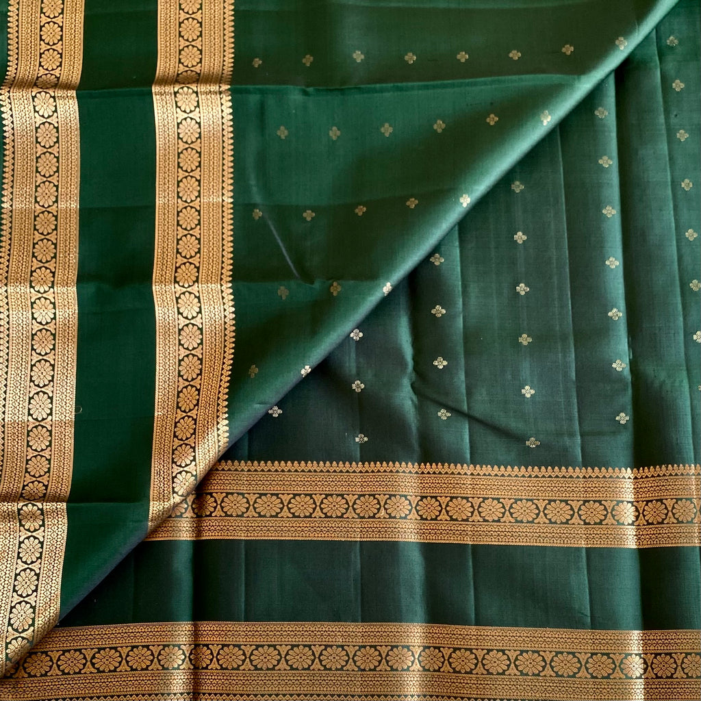 Forest Green Designer Pure Silk Saree With Metallic Gold Border
