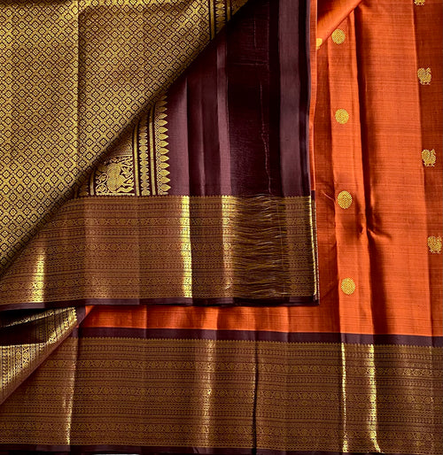 Antique Gold Silk Saree With Aubergine Border And Rust Pallu