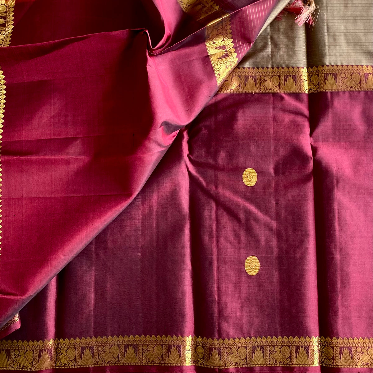 Ganga Jamuna Concept in Maroon, Grey & Bottle Green Pure Kanjeevaram Silk