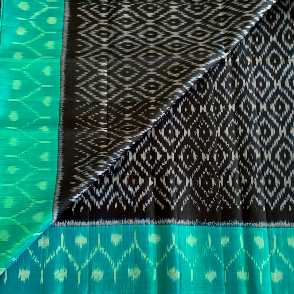 Black with Teal Stunner Ikkat Designer Pure Silk