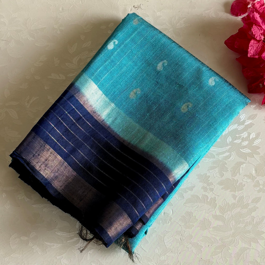 Turquoise blue Handwoven Pure Raw Silk With Indigo Blue Contrast