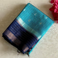 Turquoise blue Handwoven Pure Raw Silk With Indigo Blue Contrast