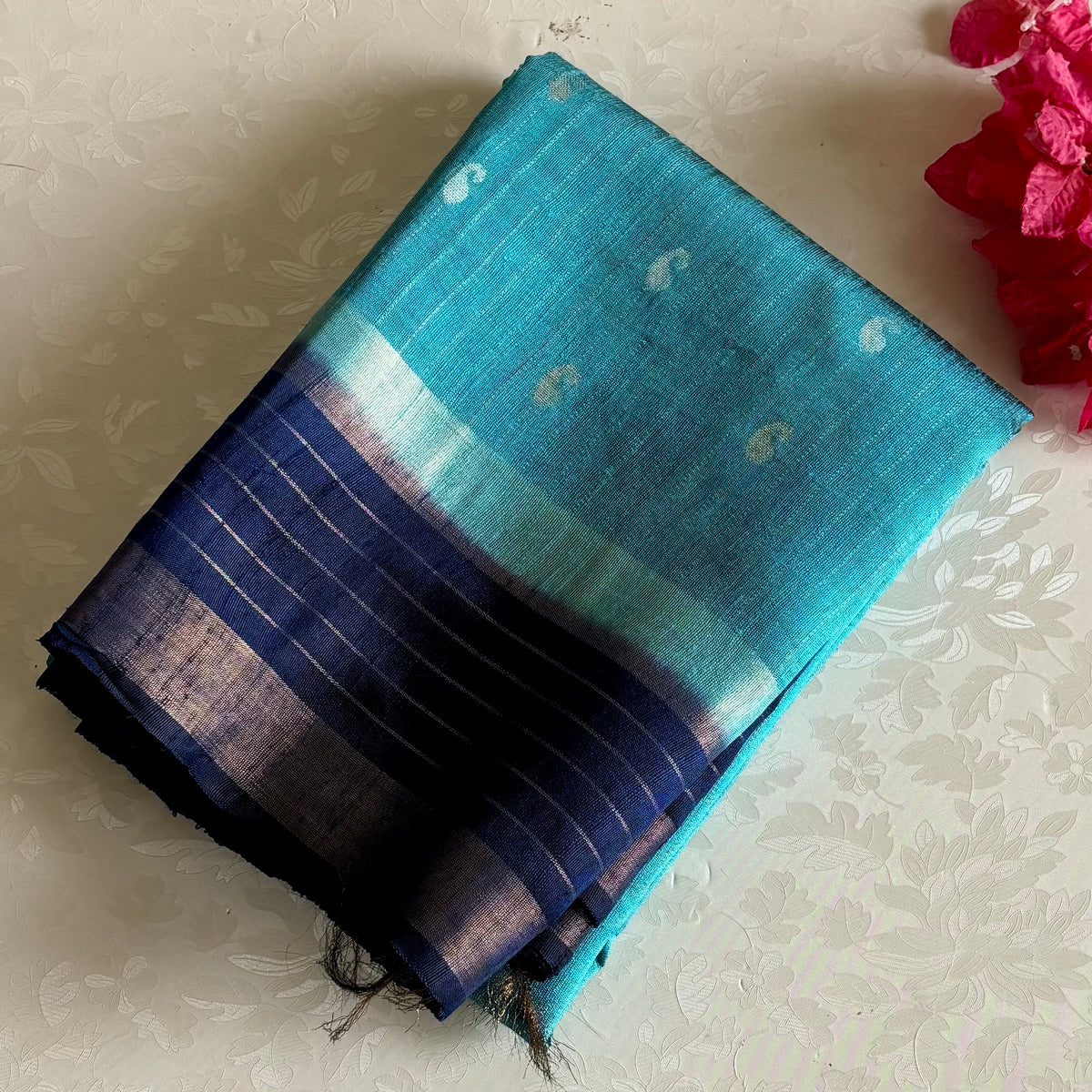 Turquoise blue Handwoven Pure Raw Silk With Indigo Blue Contrast