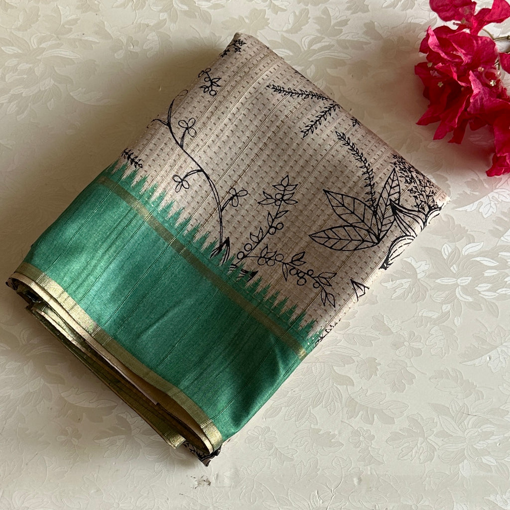 Ecru Beige Soft Tussar Silk Saree With Sea foam Green Panel