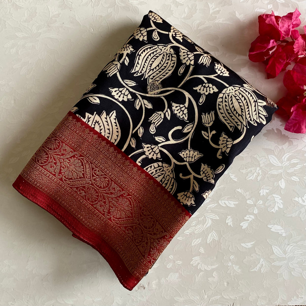 Jet Black Kalamkari Soft Tussar Silk with Rich Maroon Pallu