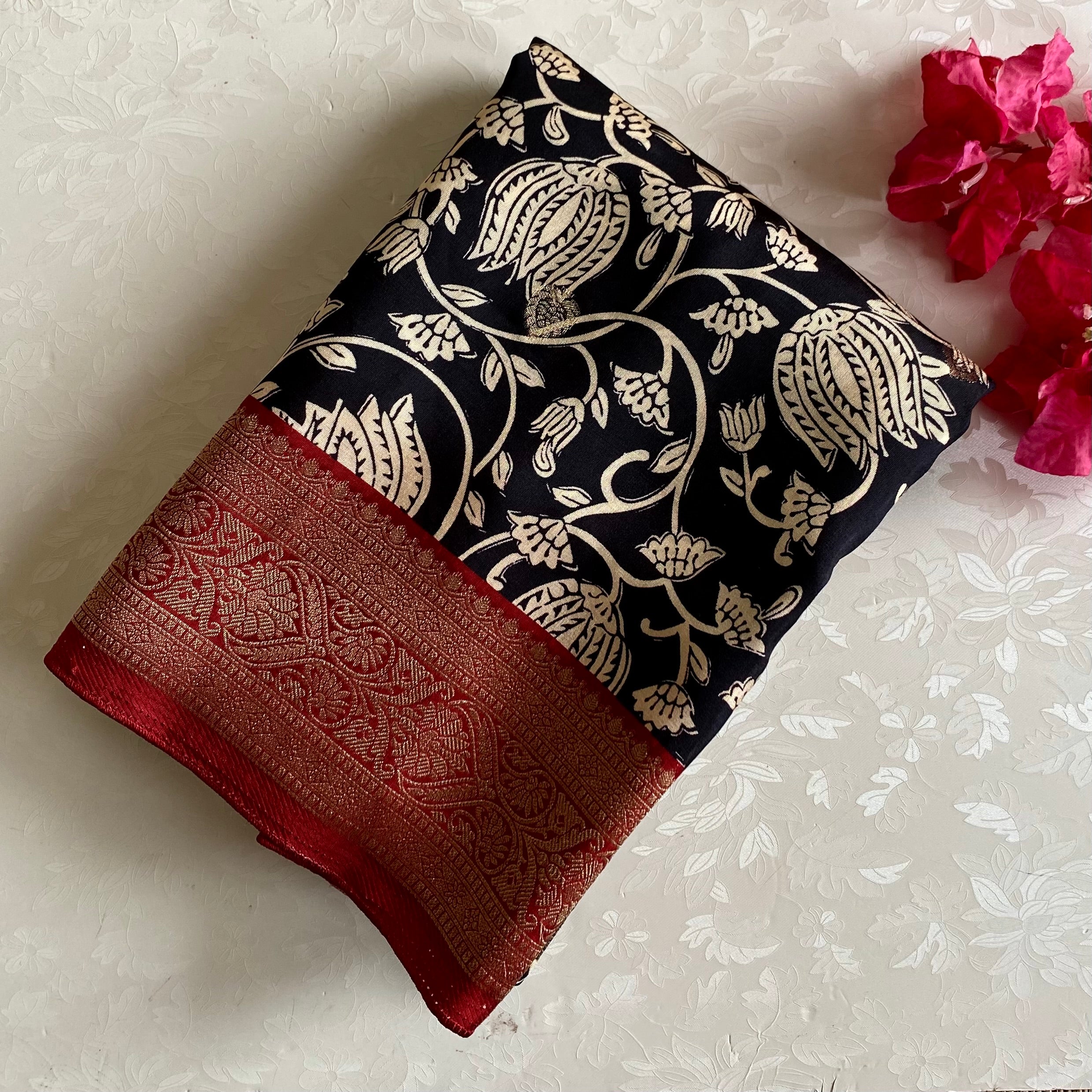 Jet Black Kalamkari Soft Tussar Silk with Rich Maroon Pallu
