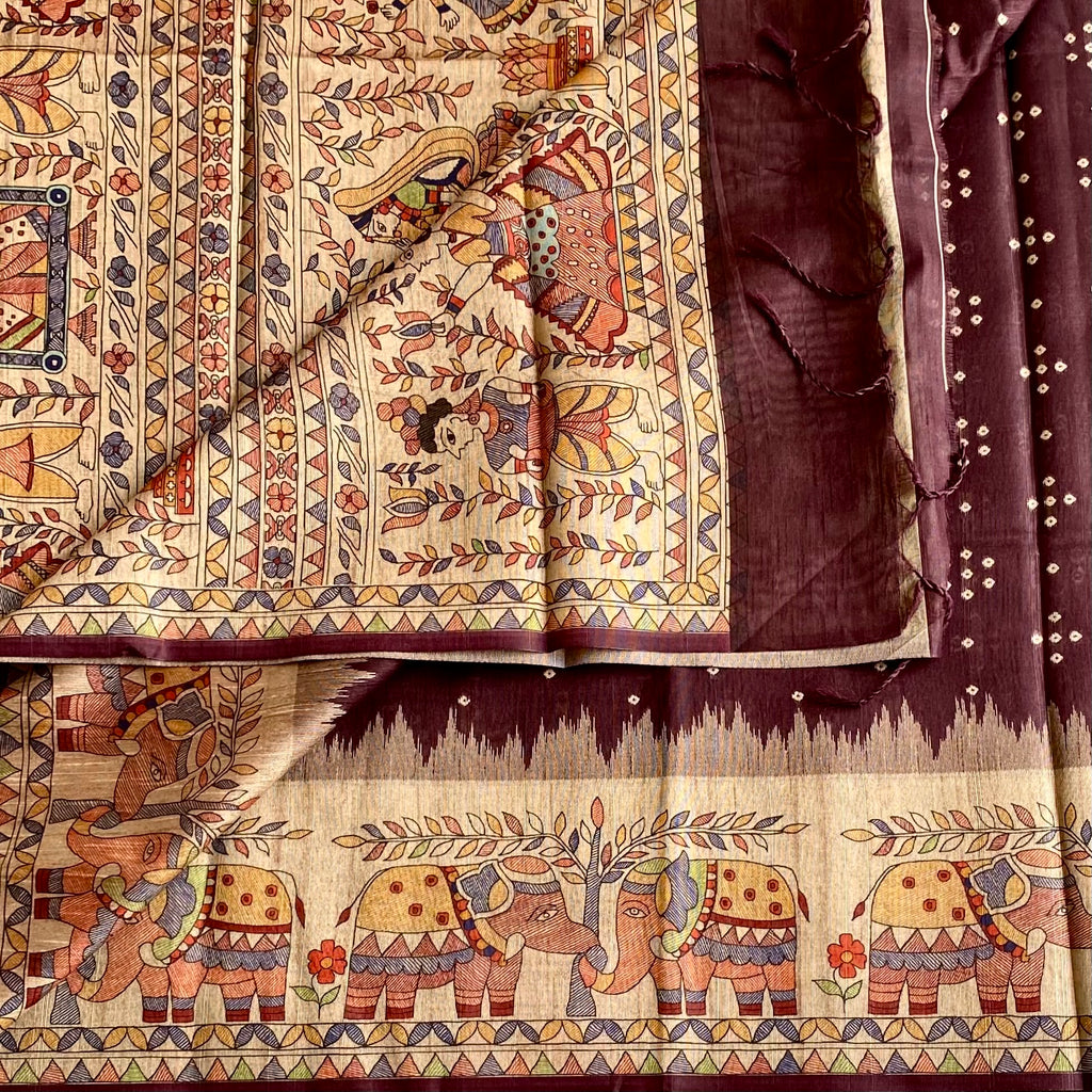 Trendy Brown Soft Tusaar Silk with Printed Designer Warli Borders & Pallu