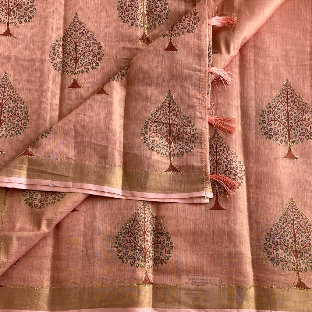 Dusty Rose Softest Tissue Tussar Silk Saree With Maroon Tree Motifs