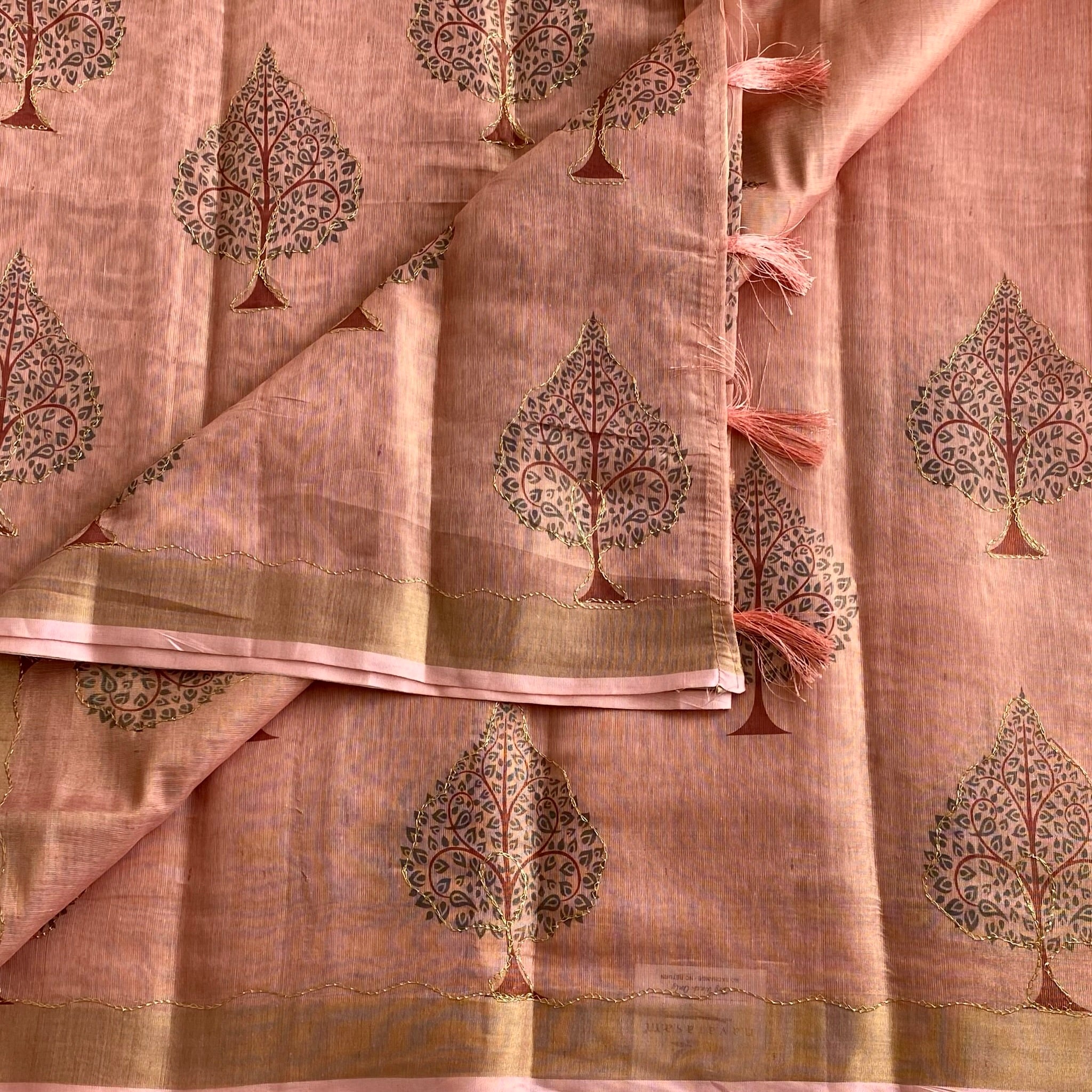 Dusty Rose Softest Tissue Tussar Silk Saree With Maroon Tree Motifs