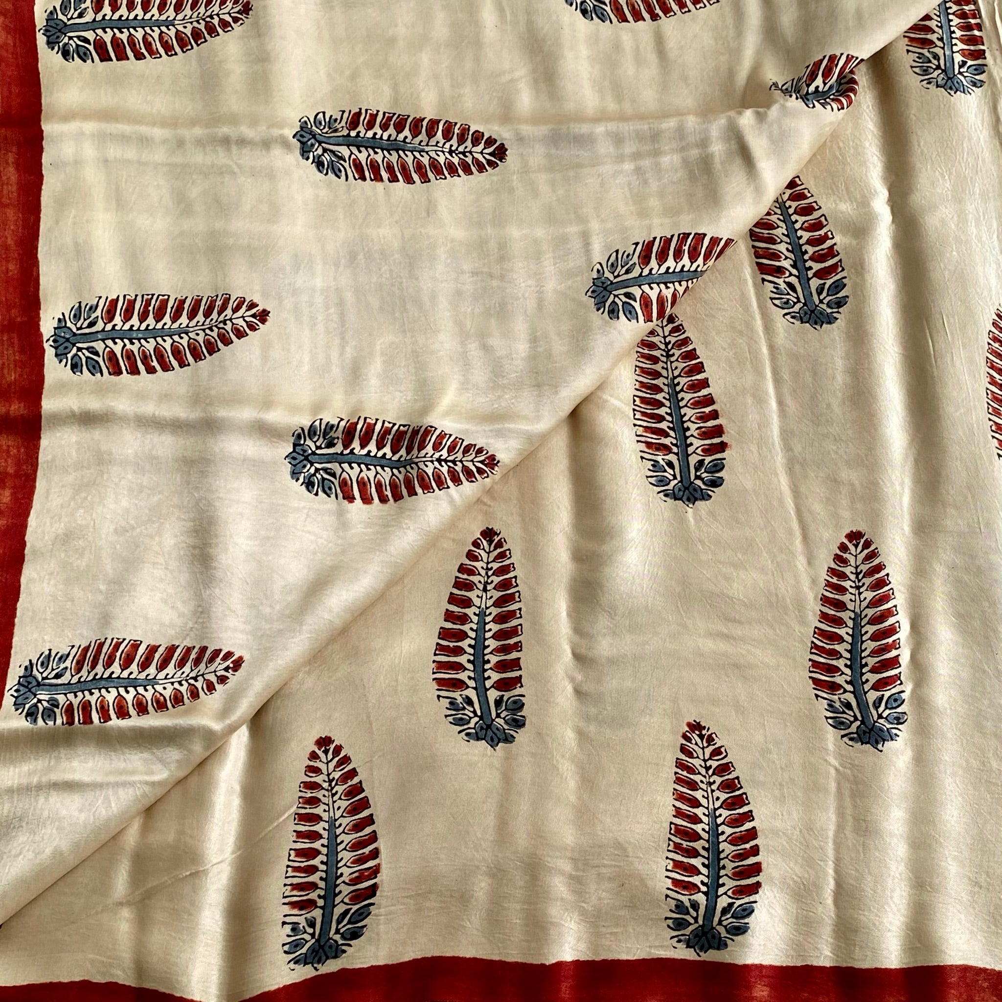 Champagne Beige Ajrakh Handblock Printed Silk Saree With Brick Red Border