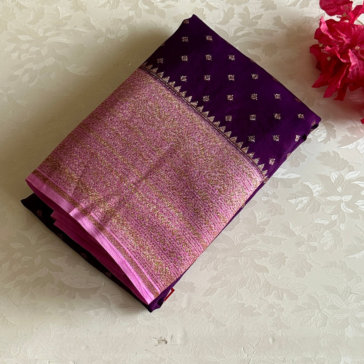 Stunner Deep Wine Purple with Rose Pink Banarasi Crepe Silk