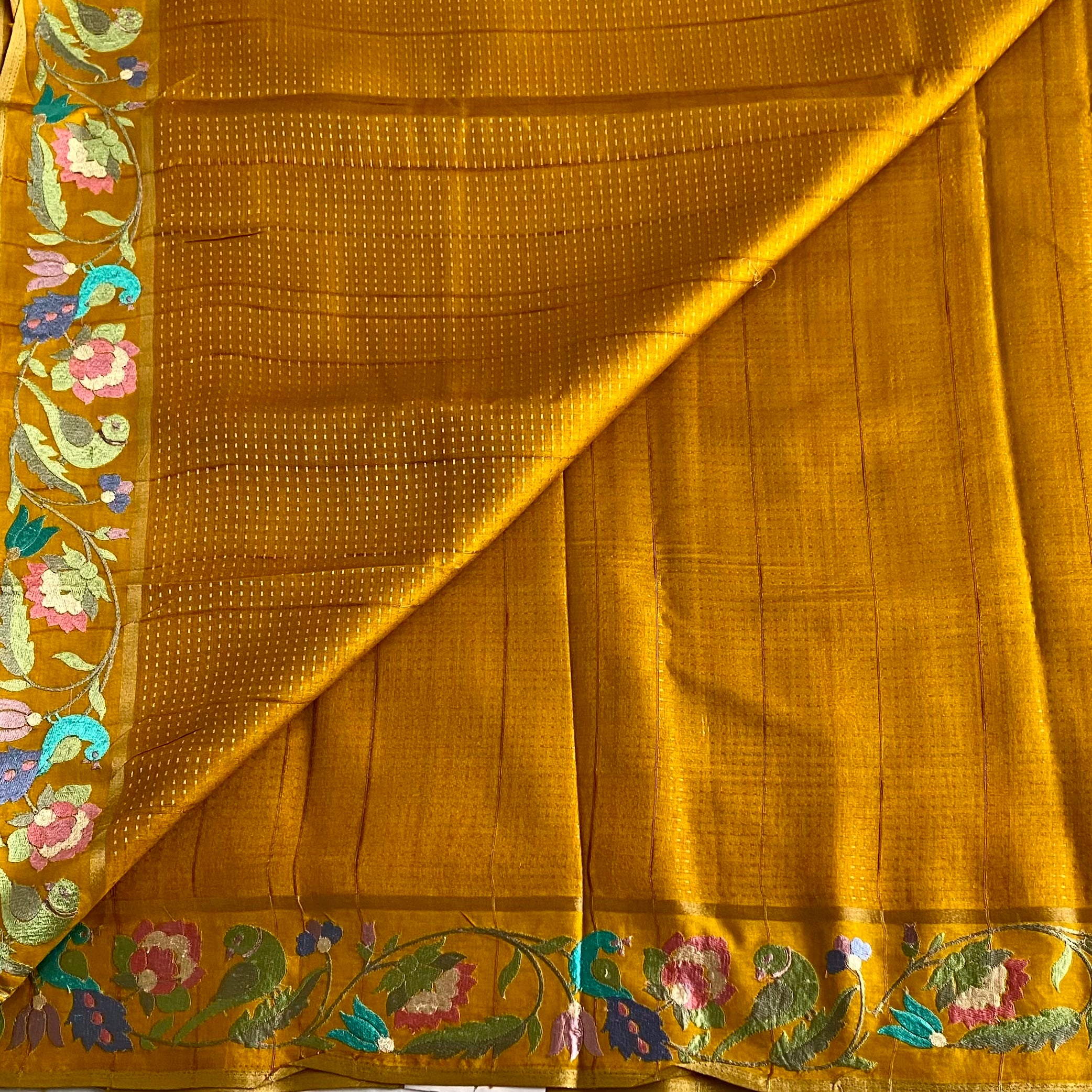 Golden Yellow Soft Tussar Silk With Designer Floral Embroidered Borders & Pallu