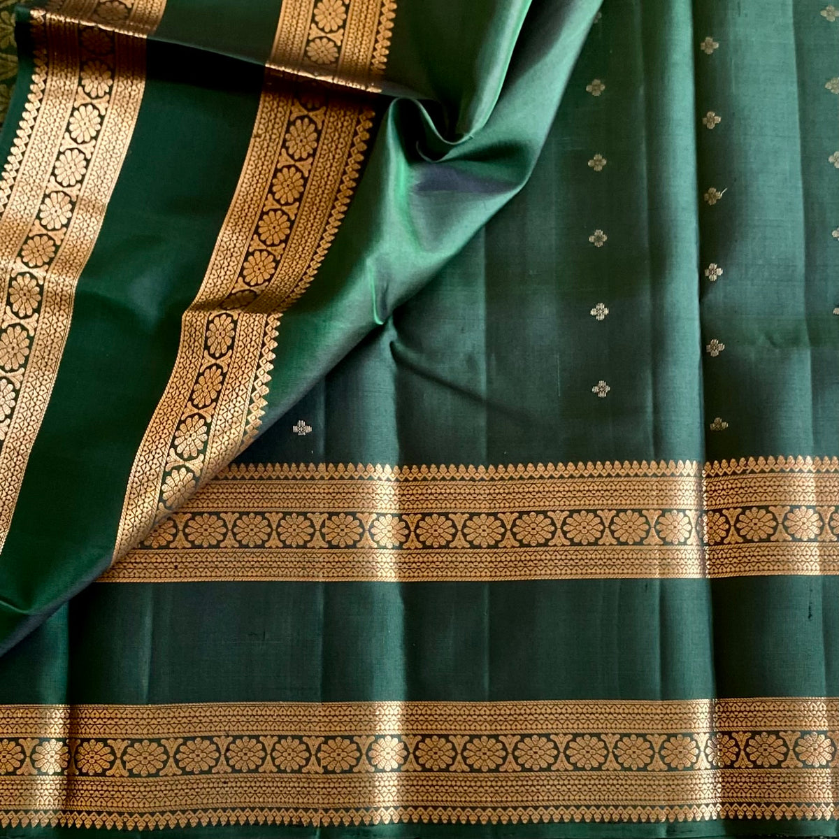 Forest Green Designer Pure Silk Saree With Metallic Gold Border