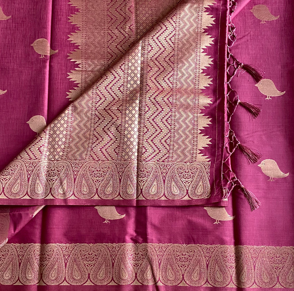 Deep Onion pink with antique silver zari soft tussar with rich borders n pallu