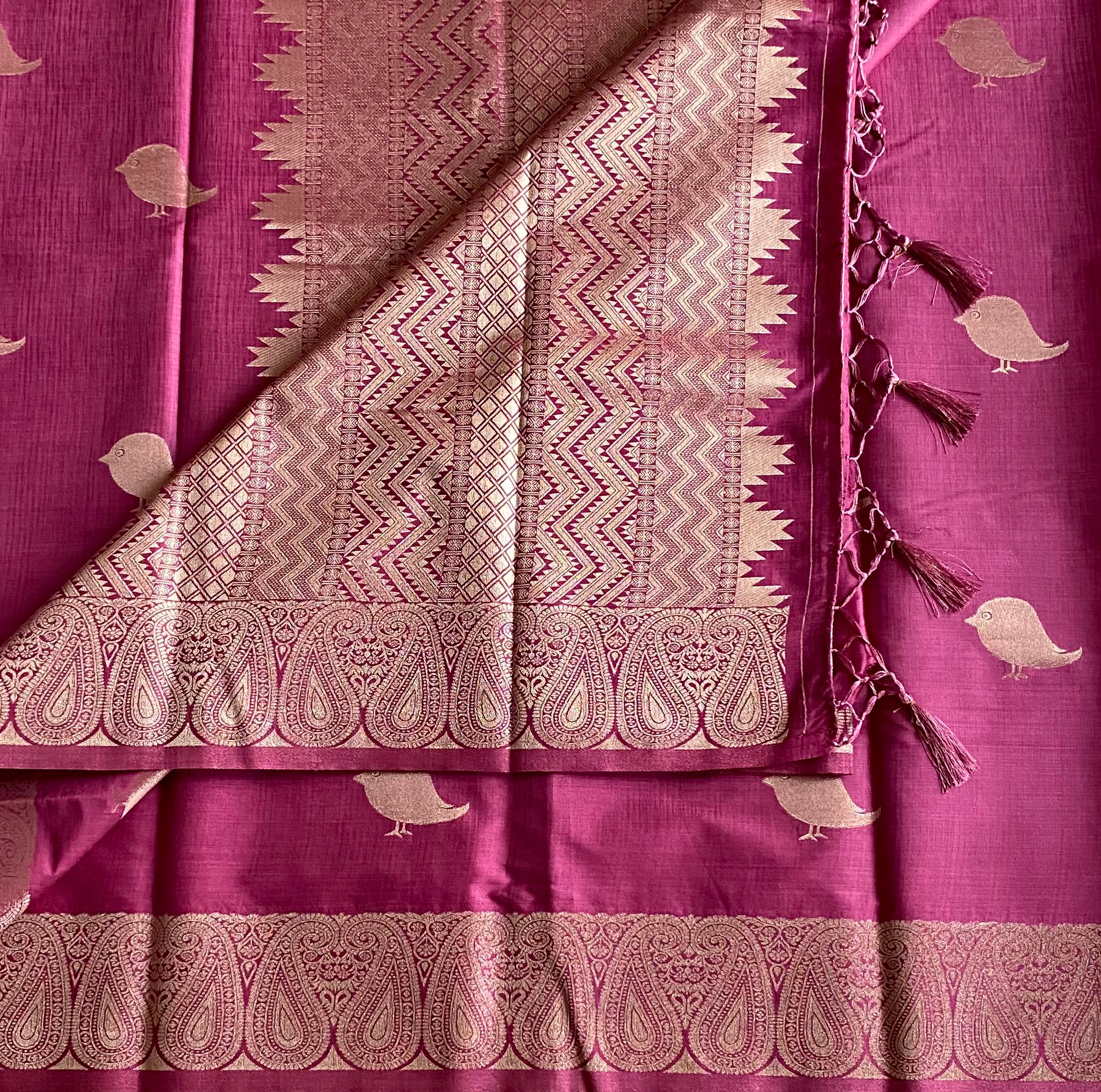 Deep Onion pink with antique silver zari soft tussar with rich borders n pallu
