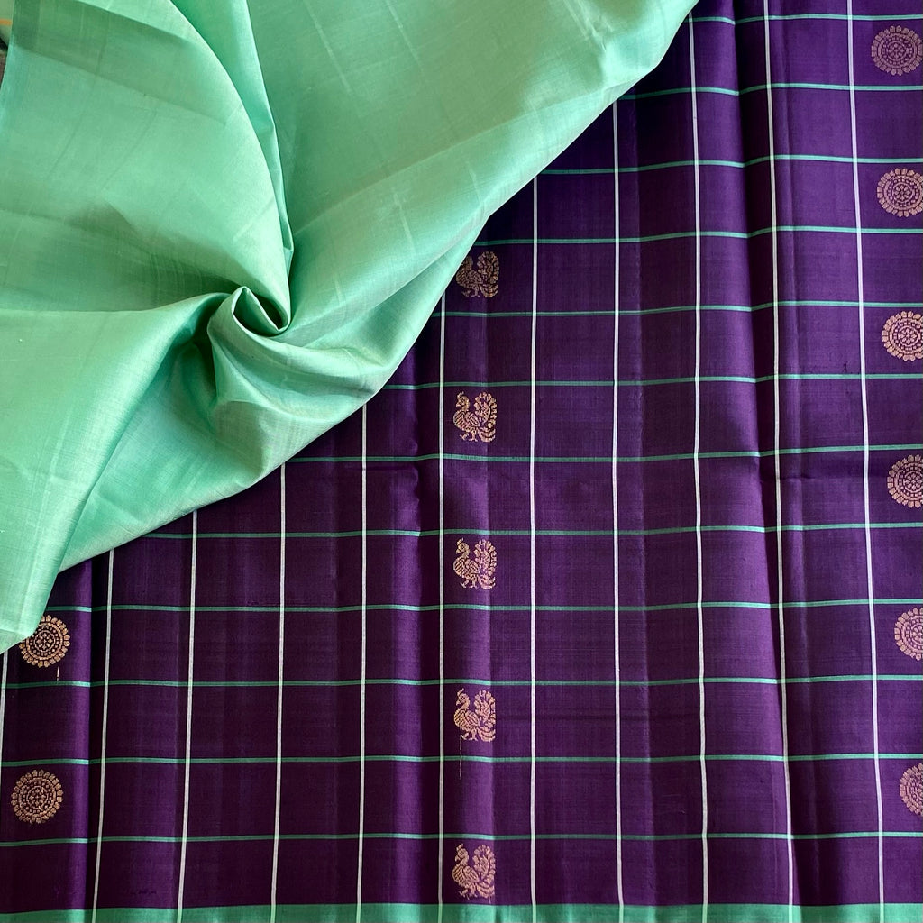 Brinjal Purple Designer Checkered Pure Silk With Mint Green Pallu
