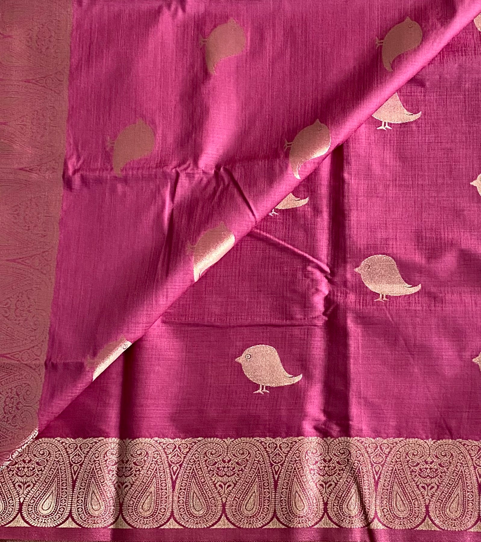 Deep Onion pink with antique silver zari soft tussar with rich borders n pallu