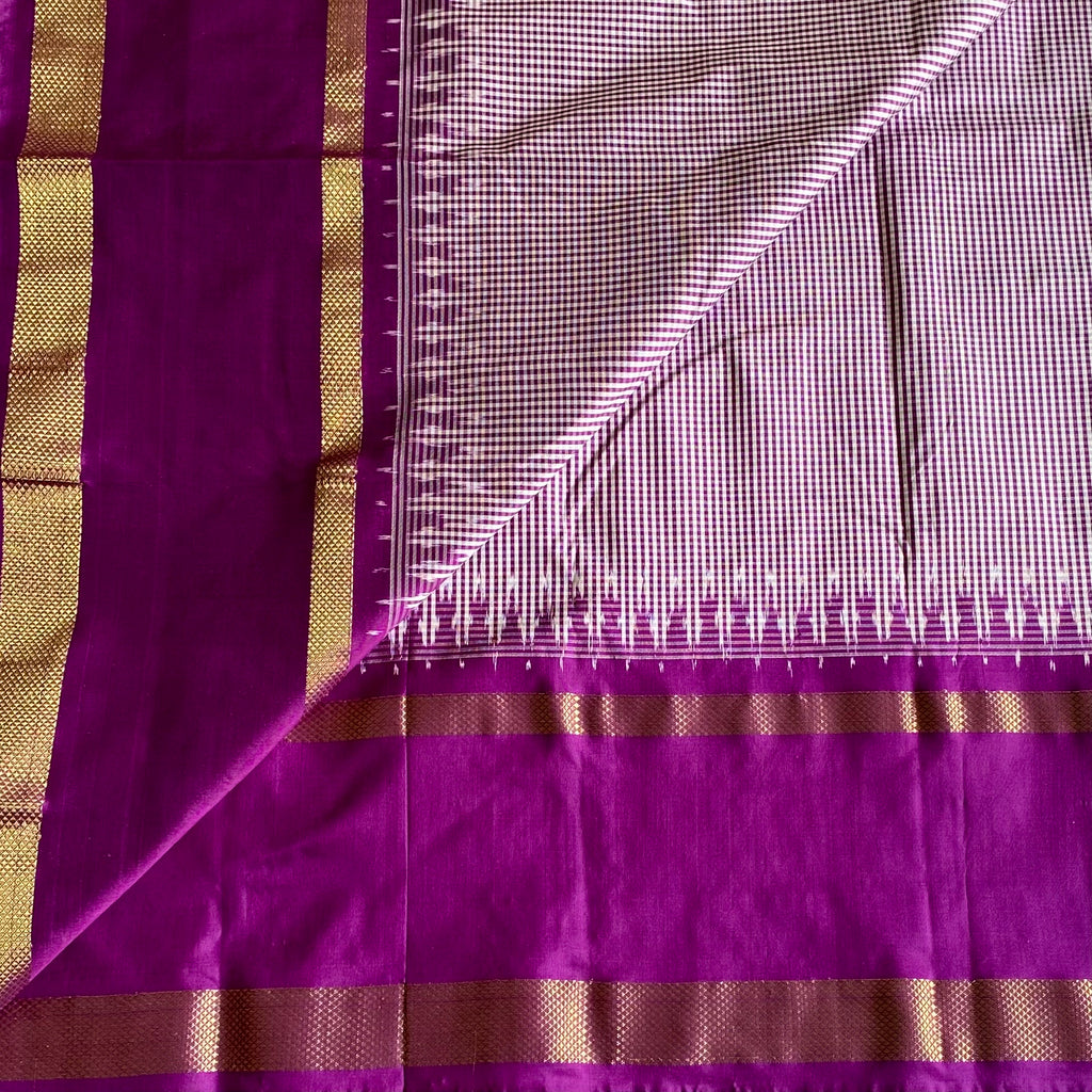 Micro Checkered Purple Pure Ikkat Handloom Silk With Ikkat Woven Pallu & Blouse