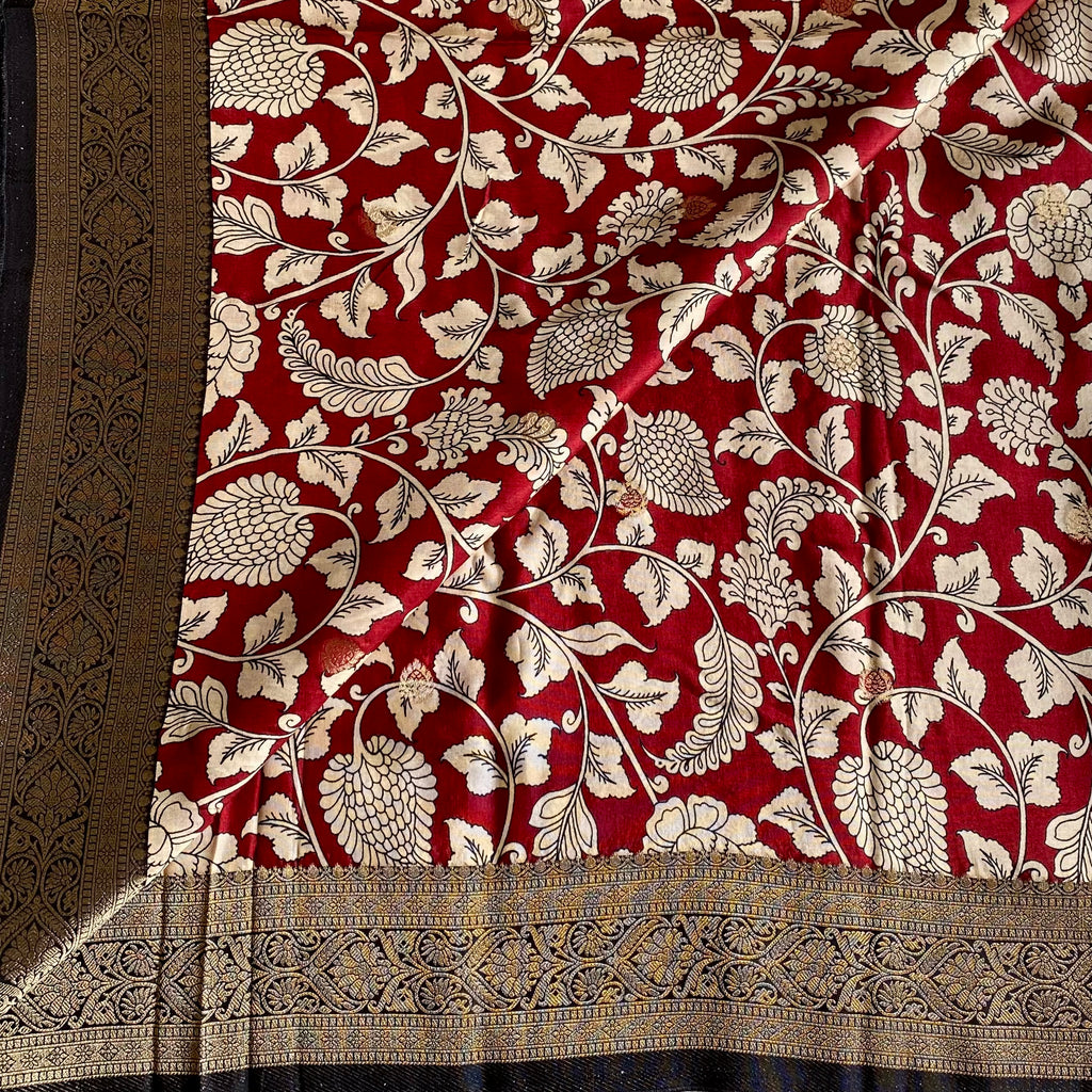 Classy Maroon With Wine Black Kalamkari Soft Tussar Silk