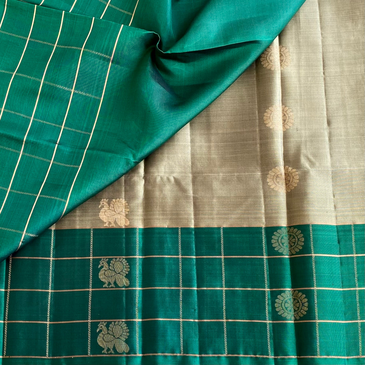 Olive Beige & Emerald Green Designer Pure Silk Saree Peacock Motifs