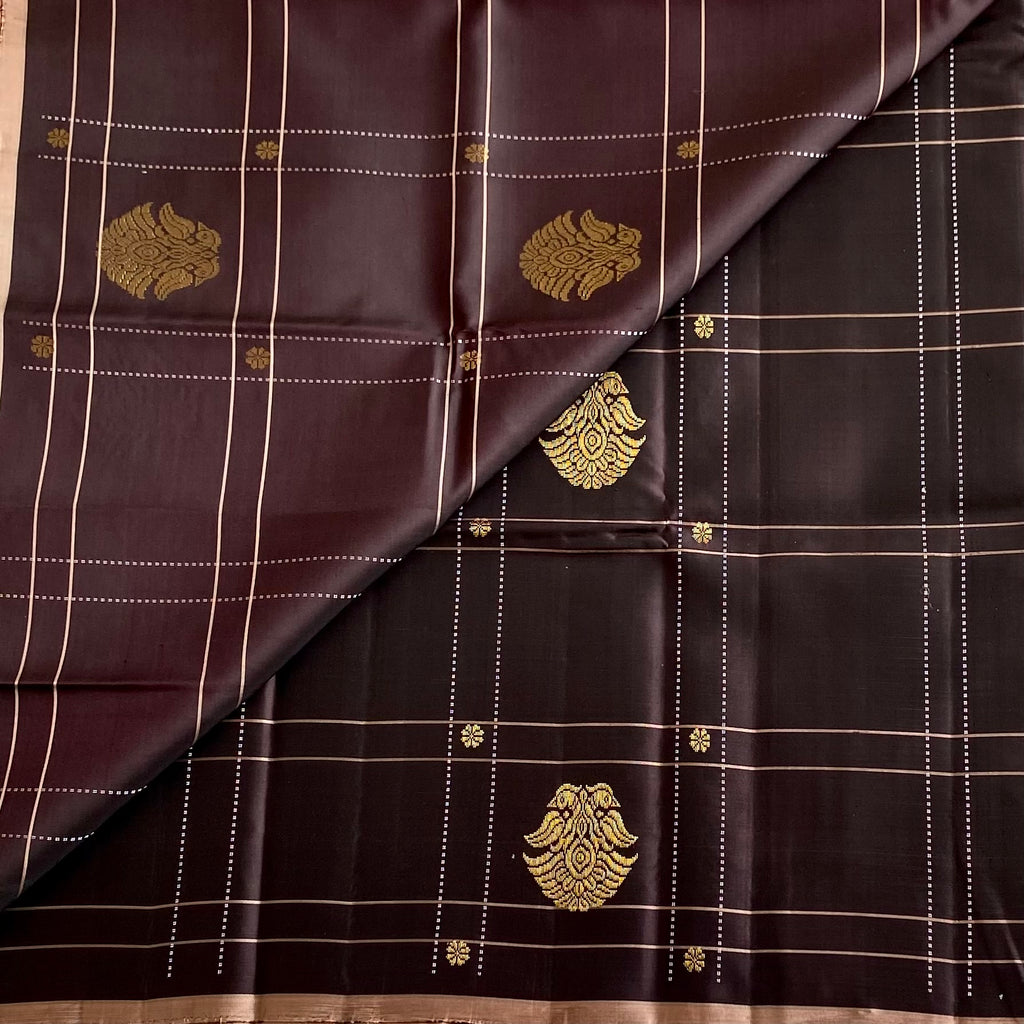 Chocolate Brown Checkered Designer Pure Silk Saree With Blush Peach Pallu